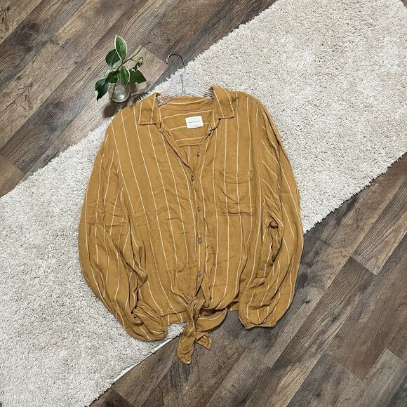 American Eagle Size Small Oversized Mustard Yellow Striped Button Down Top - Picture 1 of 4